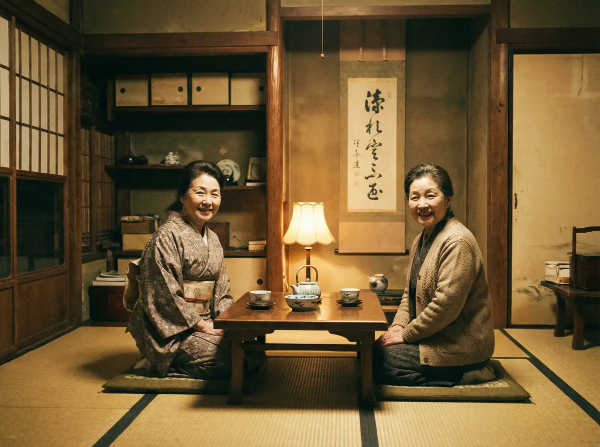 两位优雅的 制服百度影音 在日式茶室中品茶交谈